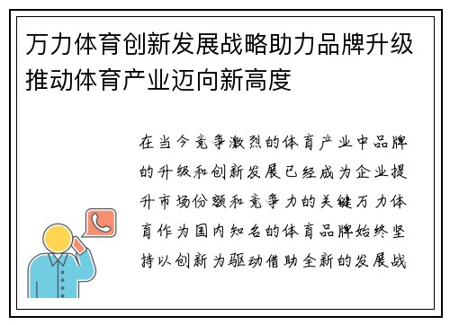万力体育创新发展战略助力品牌升级推动体育产业迈向新高度
